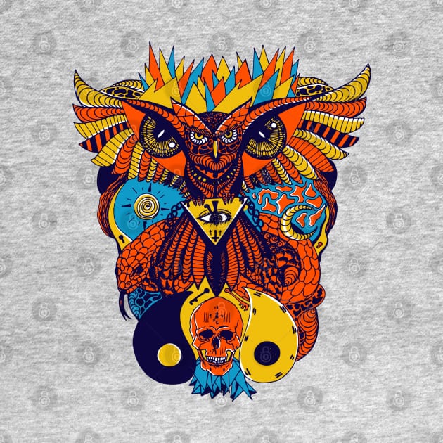 Orange Blue Owl And Ageless Skull by kenallouis